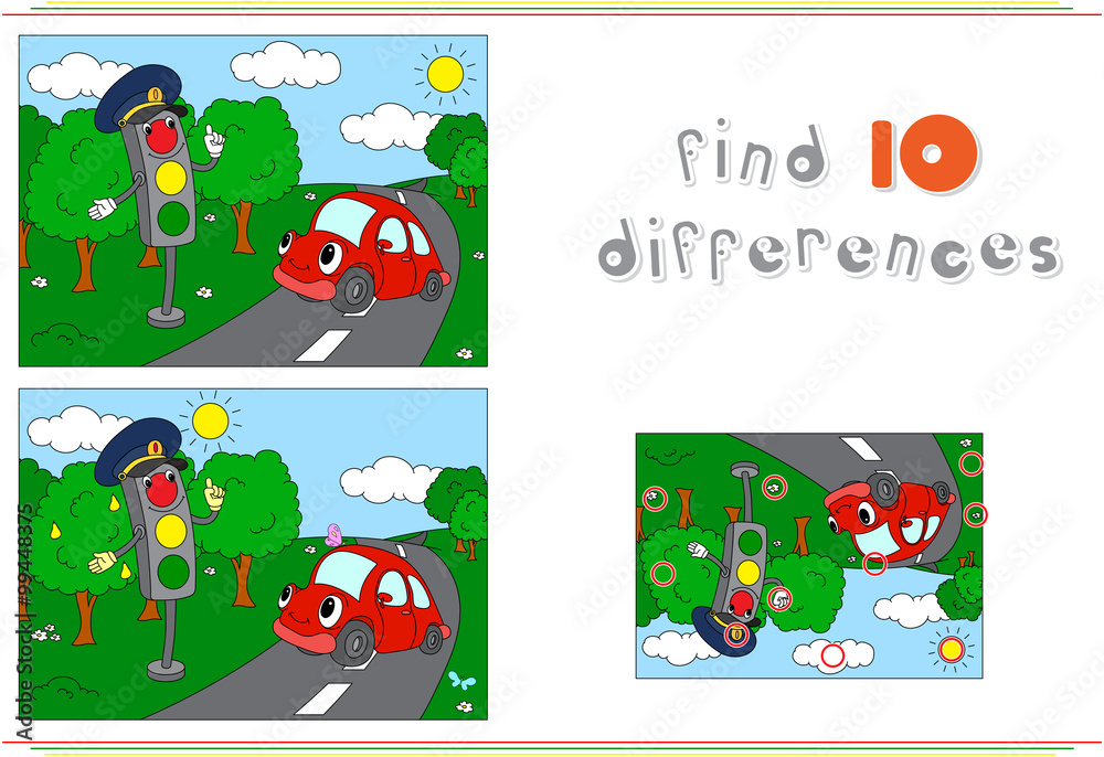 Traffic light and car on the road. Educational game for kids fi Stock