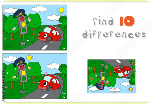 Traffic light and car on the road. Educational game for kids: fi
