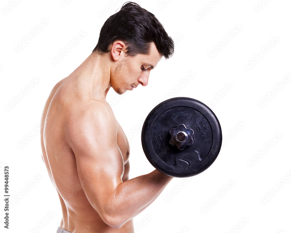 Fitness man lifting weights on white background Fitness man lifting weights on white background