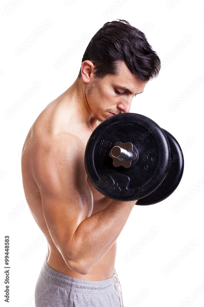 Fitness man lifting weights on white background Fitness man lifting weights on white background