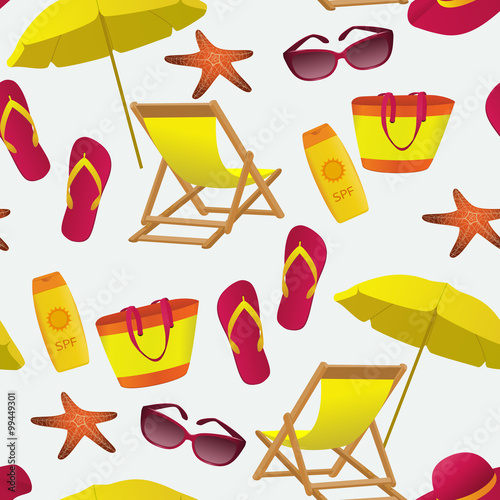Seamless pattern with female beach accessories: deck chair, sunglasses, sun hat, flip flops and beach bag on white background. EPS10 vector illustration