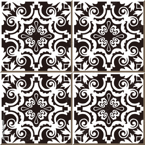 Vintage seamless wall tiles of black spiral vine, Moroccan, Portuguese.

