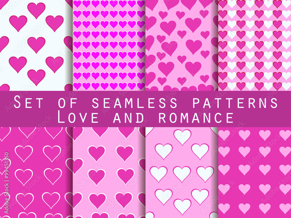 Set of seamless patterns with hearts. Valentine's Day. Romantic