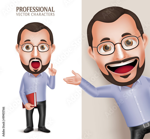 3D Realistic Professional Funny Old Professor Teacher Man Vector Character Holding Book with Eyeglasses Isolated in White Background. Vector Illustration
