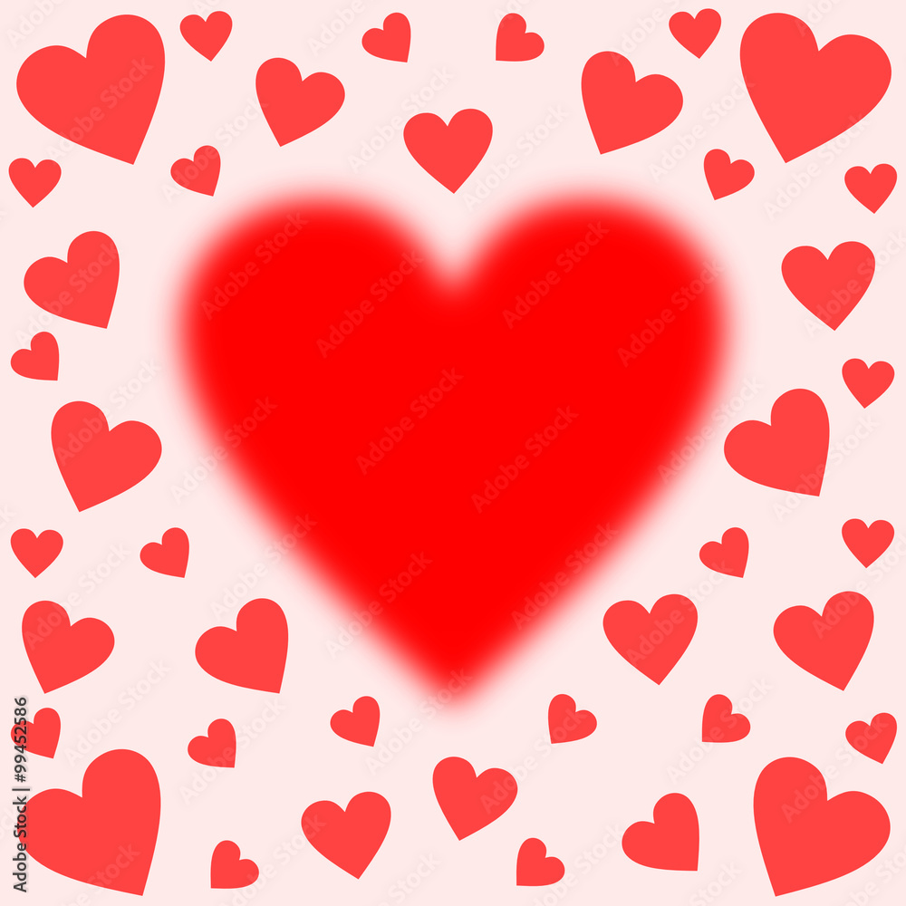 Ein großes verschwommenes Herz mittig umrandet mit vielen roten Herzen auf rosa im quadratischen Format