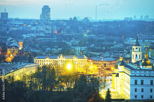 Panoramic view of Cathedral square with a Christmas tree in Vilnius