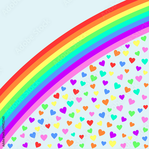 Großer Regenbogen aus dem viele Herzen in den Farben des Regenbogens fallen und oben ein großer Textfreiraum