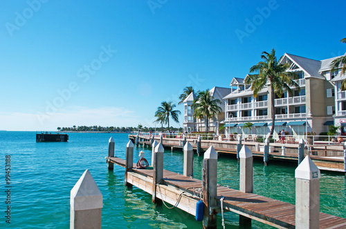 Palme, case, tipica architettura di Key West, molo, motoscafo, Key West, isole Keys, Florida, America, UsaKey West, isole Keys, Florida, America, Usa