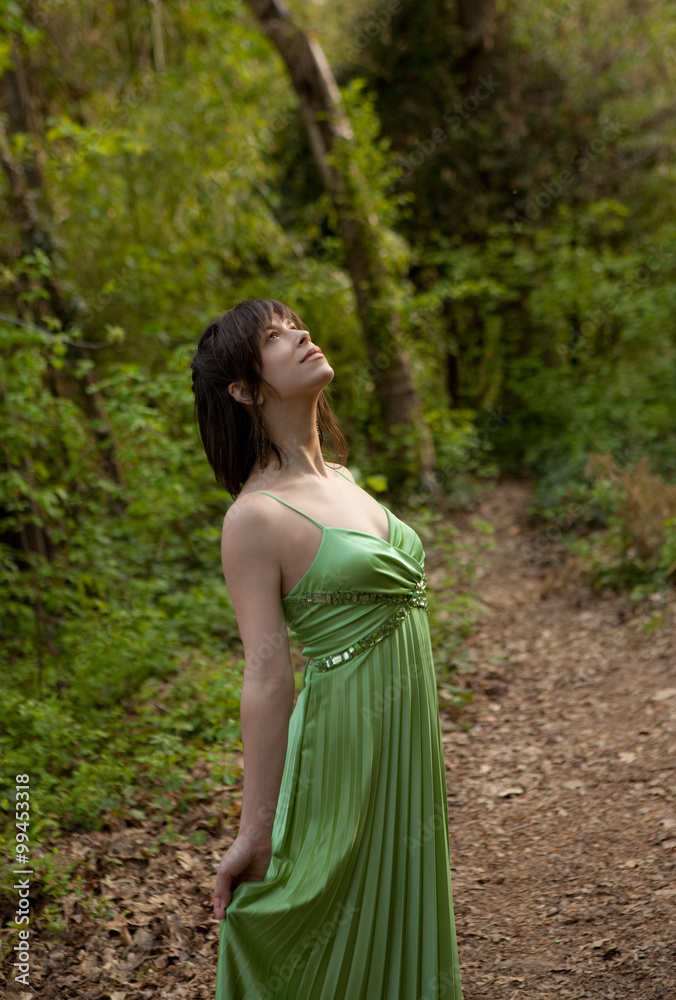 Woman in Elegant Dress in Woods
