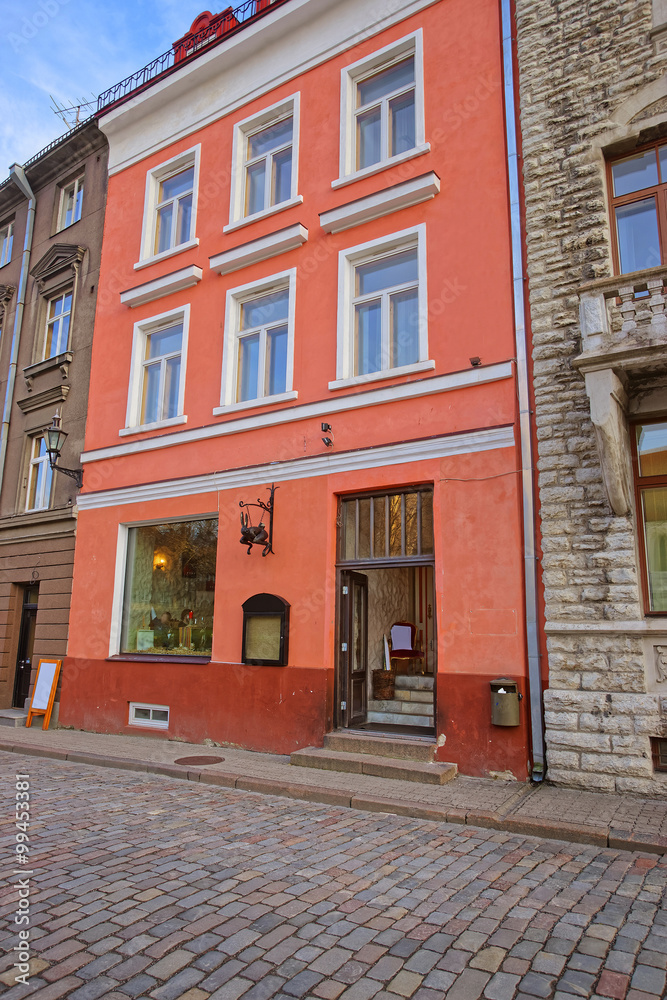 Street view of a restaurant building in the Old city of Tallinn