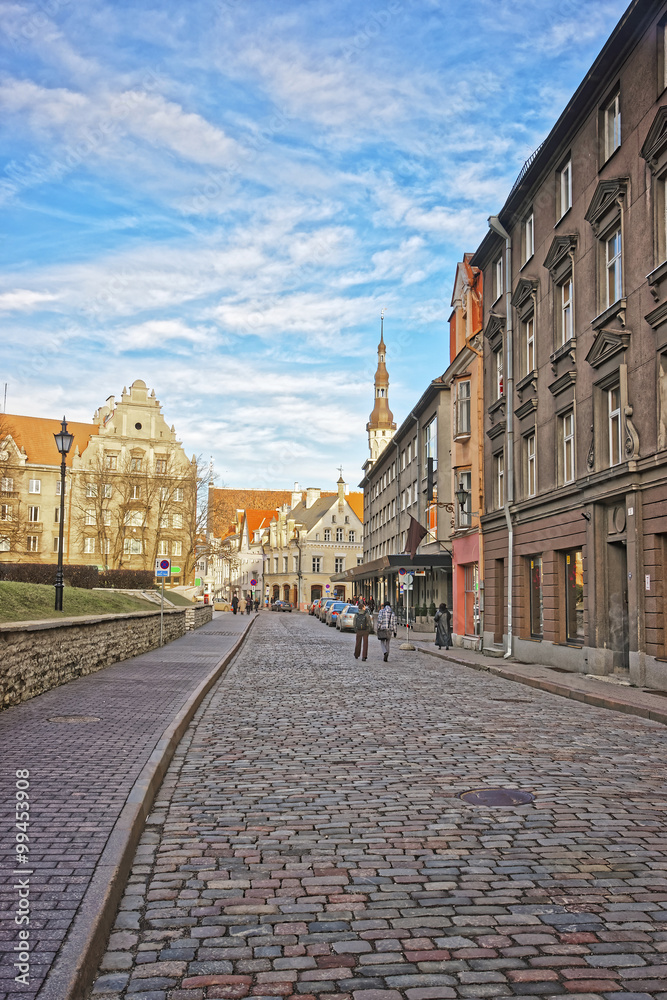 Street view to the Town Hall in the Old city in Tallinn in Estonia