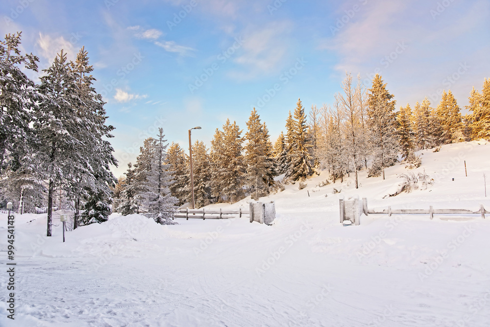Sunrise in snow covered Ruka village in Finland in the Arctic cirlce Sunrise in snow covered Ruka village in Finland in the Arctic cirlce
