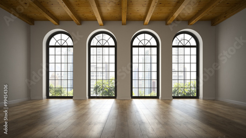  Empty loft room with arc windows 3D rendering 3