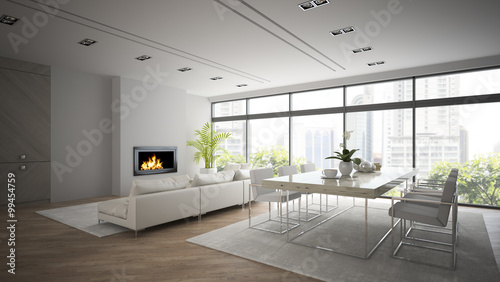 Interior of modern design loft with fireplace 3D rendering 2 © Dmitry Berg