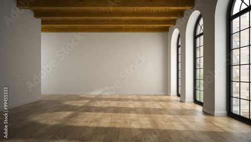 Empty loft room with arc windows 3D rendering