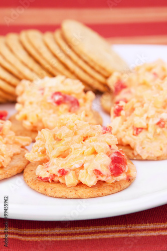 Cracker and Pimiento Cheese Appetizer – A southern favorite appetizer: pimiento cheese on wheat crackers.
