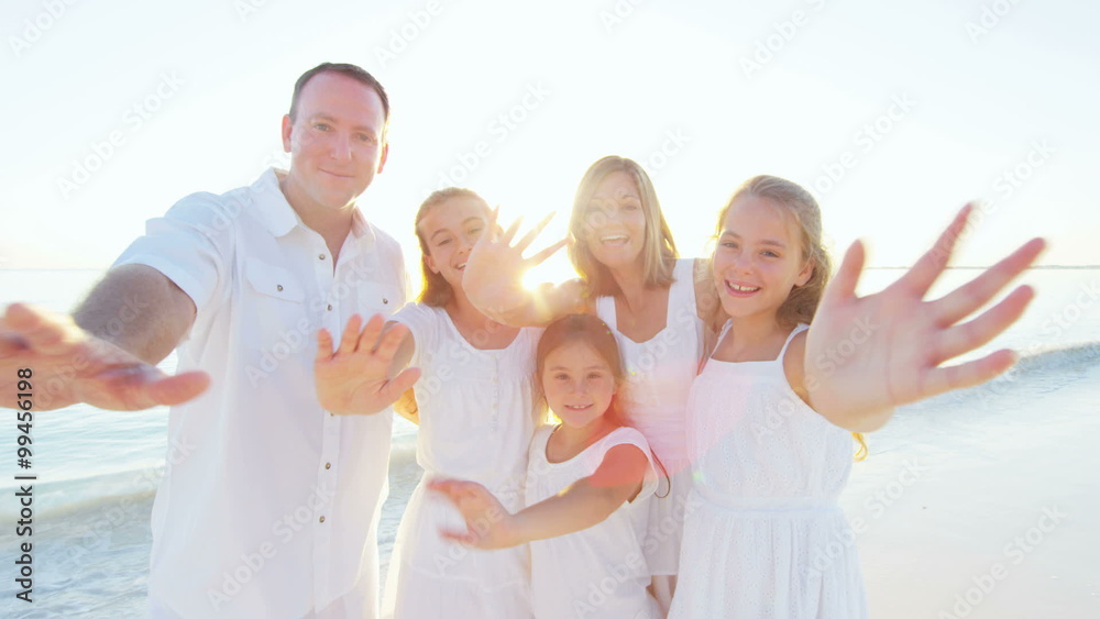 Selfie portrait of a happy Caucasian family enjoying vacation beach Selfie portrait of a happy Caucasian family enjoying vacation beach