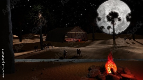 	
Magical Desert night seen loop with camel, River,Arabian Tent and Moon