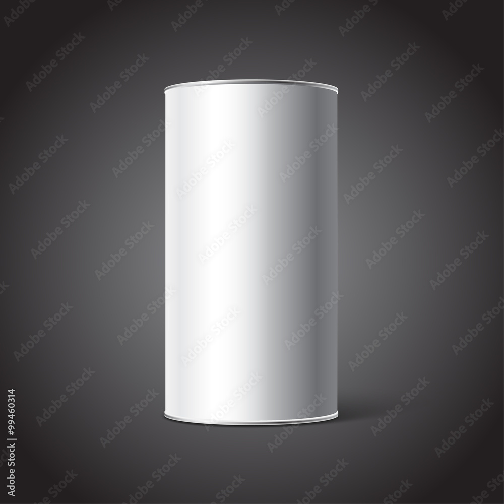 Mockup of White Blank Tin can packaging on black background. Tea ...