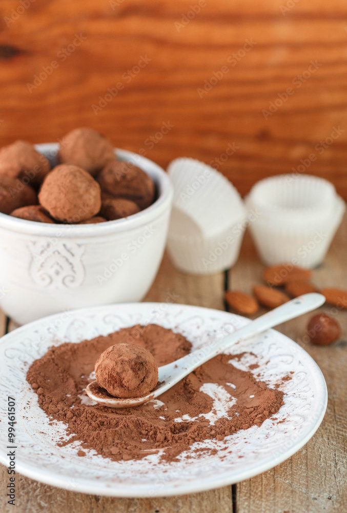 Homemade chocolate truffles with cocoa powder on a white plate Homemade chocolate truffles with cocoa powder on a white plate