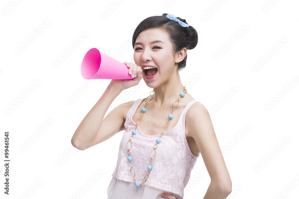 Cute young woman with megaphone