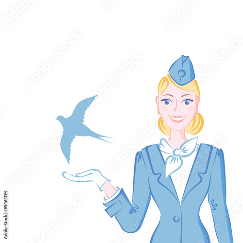 Blonde stewardess in blue suit