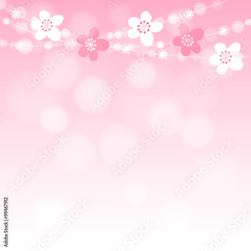Cute spring card with cherry tree blossoms garland and lights, vector © tabitazn