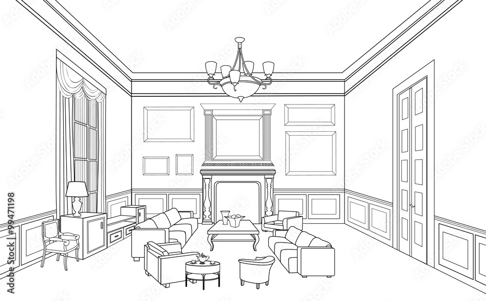 Sketch of interior. Beautiful room. Furniture blueprint.