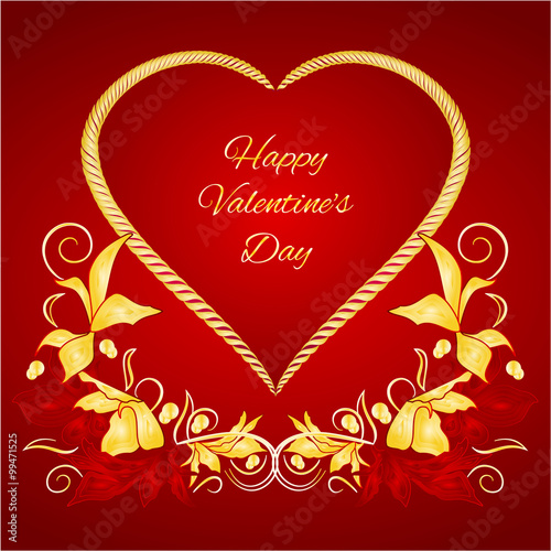 Happy Valentine gilded heart with gold and red leaves vector