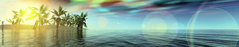 Lights panorama over the sea. sunset and island