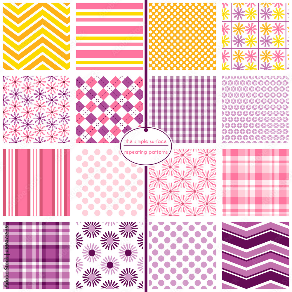 Repeating patterns for digital paper, scrapbooking, cards, invitations, gift wrap, and paper backgrounds. File includes: daisy prints, polka dots, stripes, gingham/plaids, argyle and chevrons.