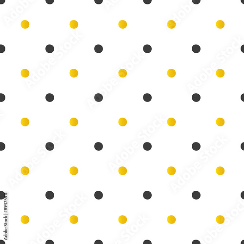Golden and black polka dots seamless pattern background.
