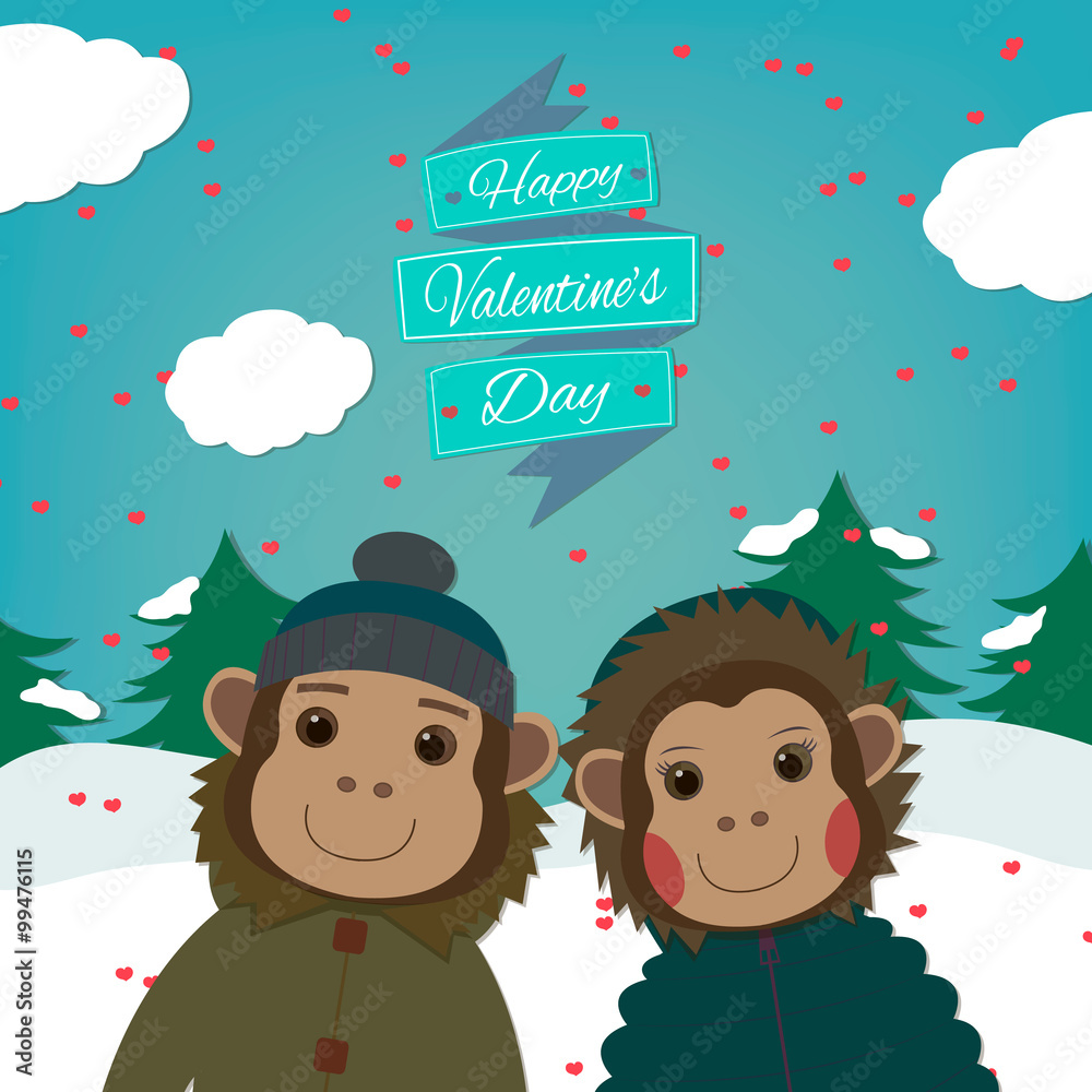Fototapeta premium Valentines day card with romantic couple monkeys.Vector illustration