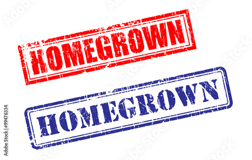 Set of HOMEGROWN grunge realistic rubber stamps, different ink colors, different forms, isolated on white background, vector illustration