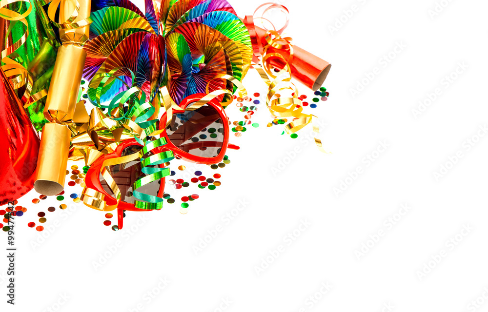 Serpentine, garlands, confetti. Carnival party decoration