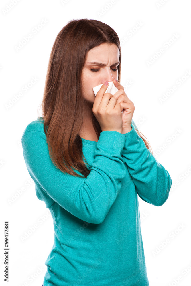Sick Woman.Flu.Woman Caught Cold. Sneezing into Tissue. Headache. Virus .Medicines