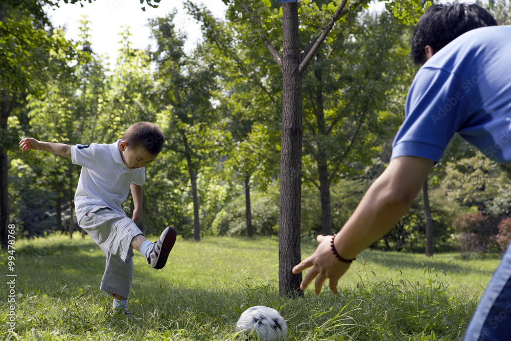 Young Child Playing Soccer In The Park Young Child Playing Soccer In The Park