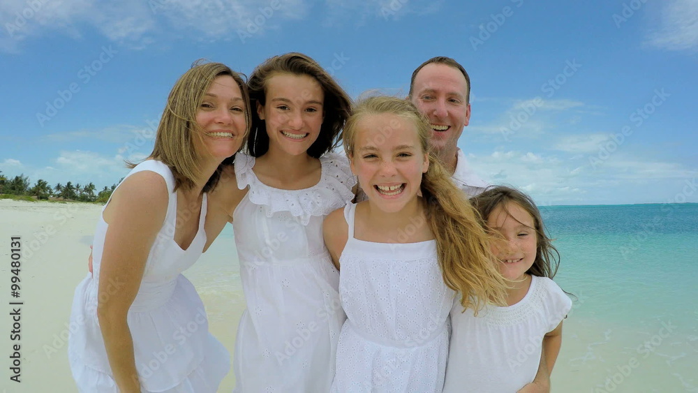 Selfie of Caucasian family enjoying tropical vacation beach Selfie of Caucasian family enjoying tropical vacation beach