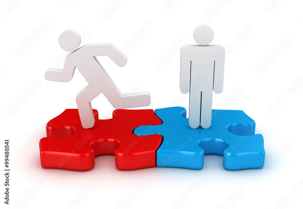 3d white man and two puzzle piece 3d white man and two puzzle piece