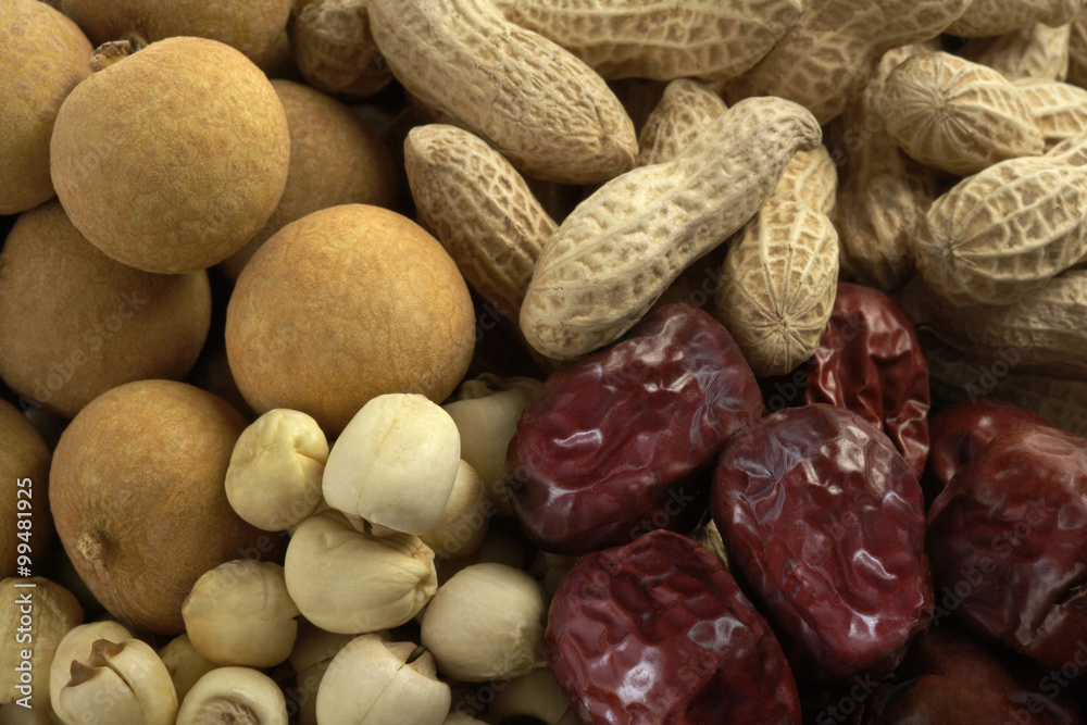Close up of dried fruits, nuts and legumes. Close up of dried fruits, nuts and legumes.