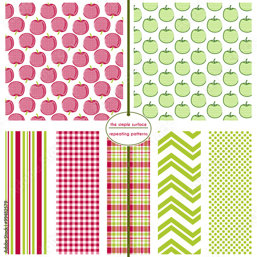 Apple seamless pattern set. Crosshatch apples. Repeating patterns for fabric, scrapbook paper, gift wrap, backgrounds and more. Apple, stripe, gingham, plaid, chevron and polka dot prints. 