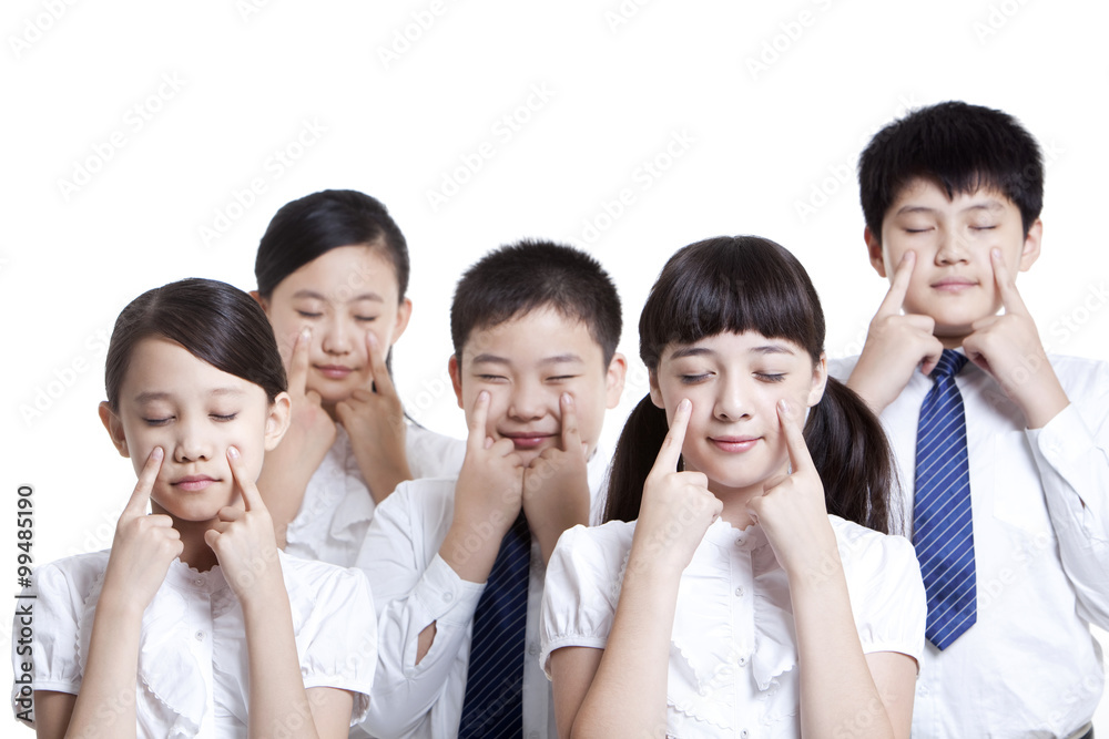 Portrait of schoolchildren doing eye exercises Portrait of schoolchildren doing eye exercises
