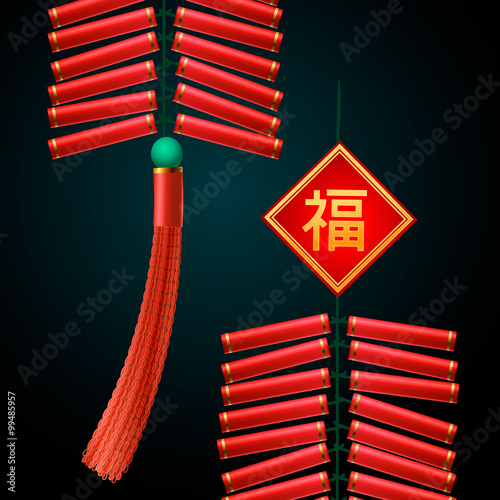 Chinese New Year firecrackers ornament on black background, vector illustration. Attached image Translation: Happy New Year.