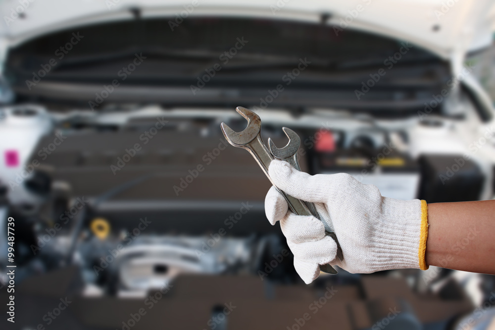 Mechanic Holding Spanner Fixing Car Engine Mechanic Holding Spanner Fixing Car Engine