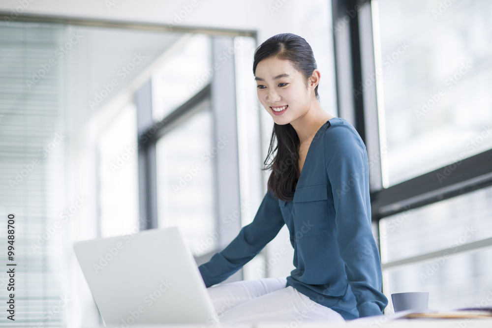 Young businesswoman using laptop in office