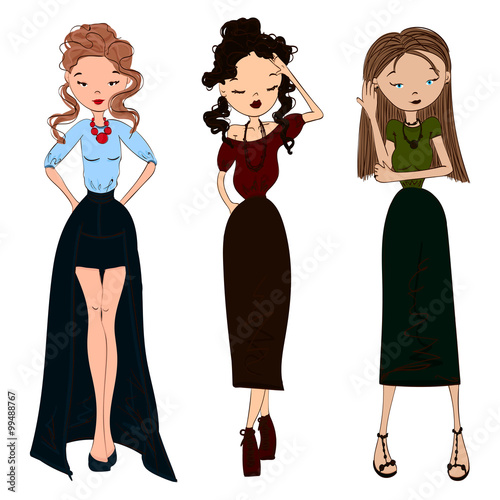 Cute Hand Drawn Fashion Sketch with Three Beautiful Women Wearing Midi, Maxi Skirts