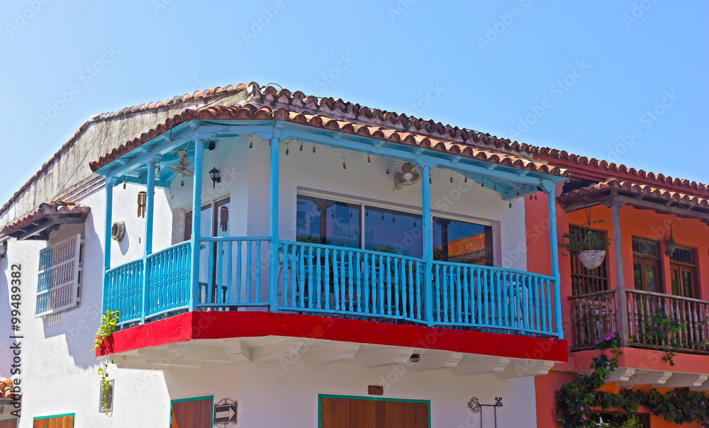 House with a blue balcony in Cartagena city, Columbia. Vintage buildings in Cartagena Walled City.