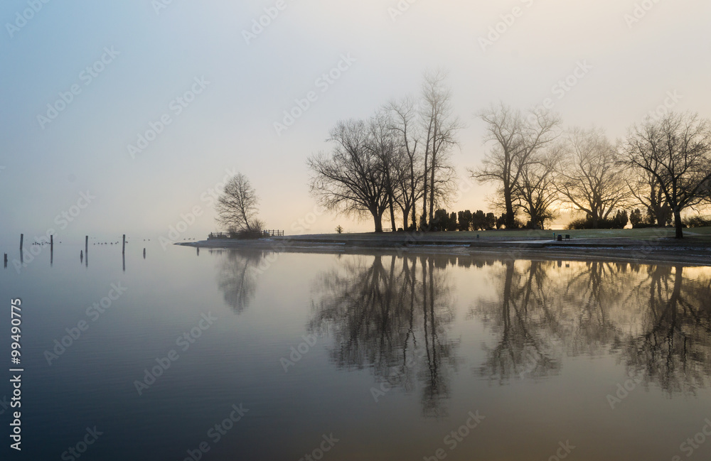 Fototapeta premium Sunrise through the fog creating reflections of the trees on a lake.