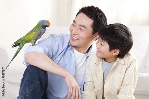 Father and son playing with a pet parrot photo