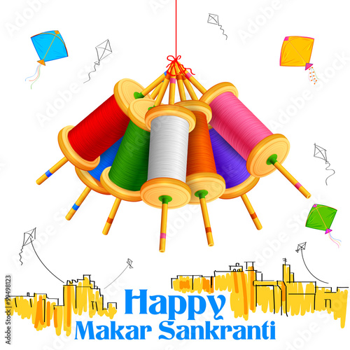 Makar Sankranti wallpaper with colorful kite string spool